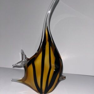 Mid-Century Modern Amber & Black Striped Art Glass Angelfish Figurine